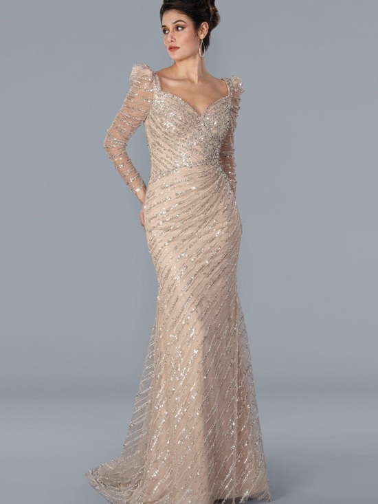 Stella Couture Dresses & Skirts - Sequin-Embellished Nude Long-Sleeve Evening Gown